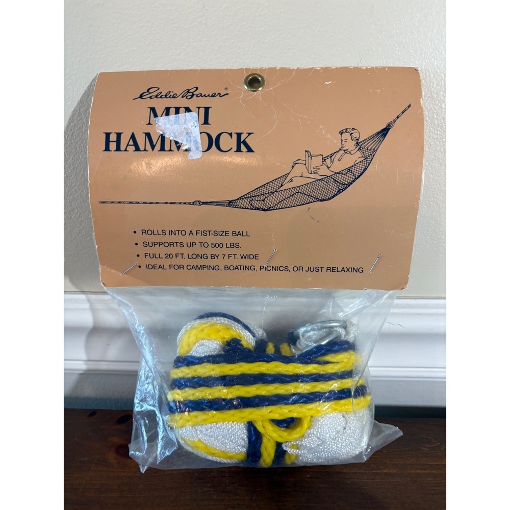 Vintage Eddie Bauer Mini Hammock Portable Mesh Rope Blue Yellow White 500lb Cap